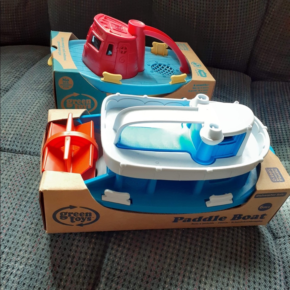 2 New Green Toy Tugboat and Paddle Boat